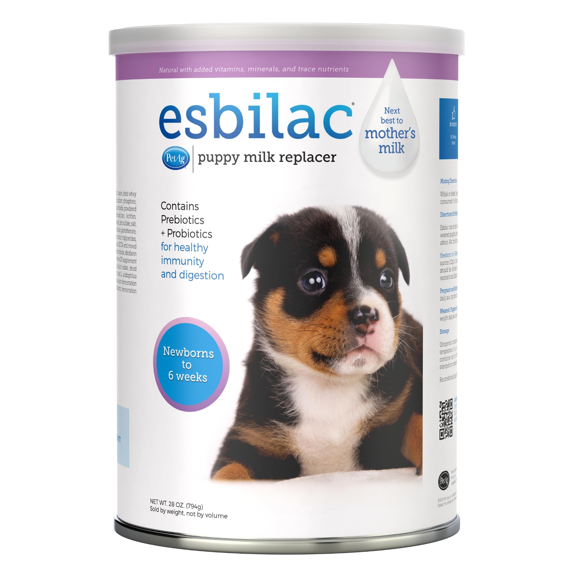 PetAg Esbilac emballage 28 oz montrant label et instructions, rassure sur l'origine