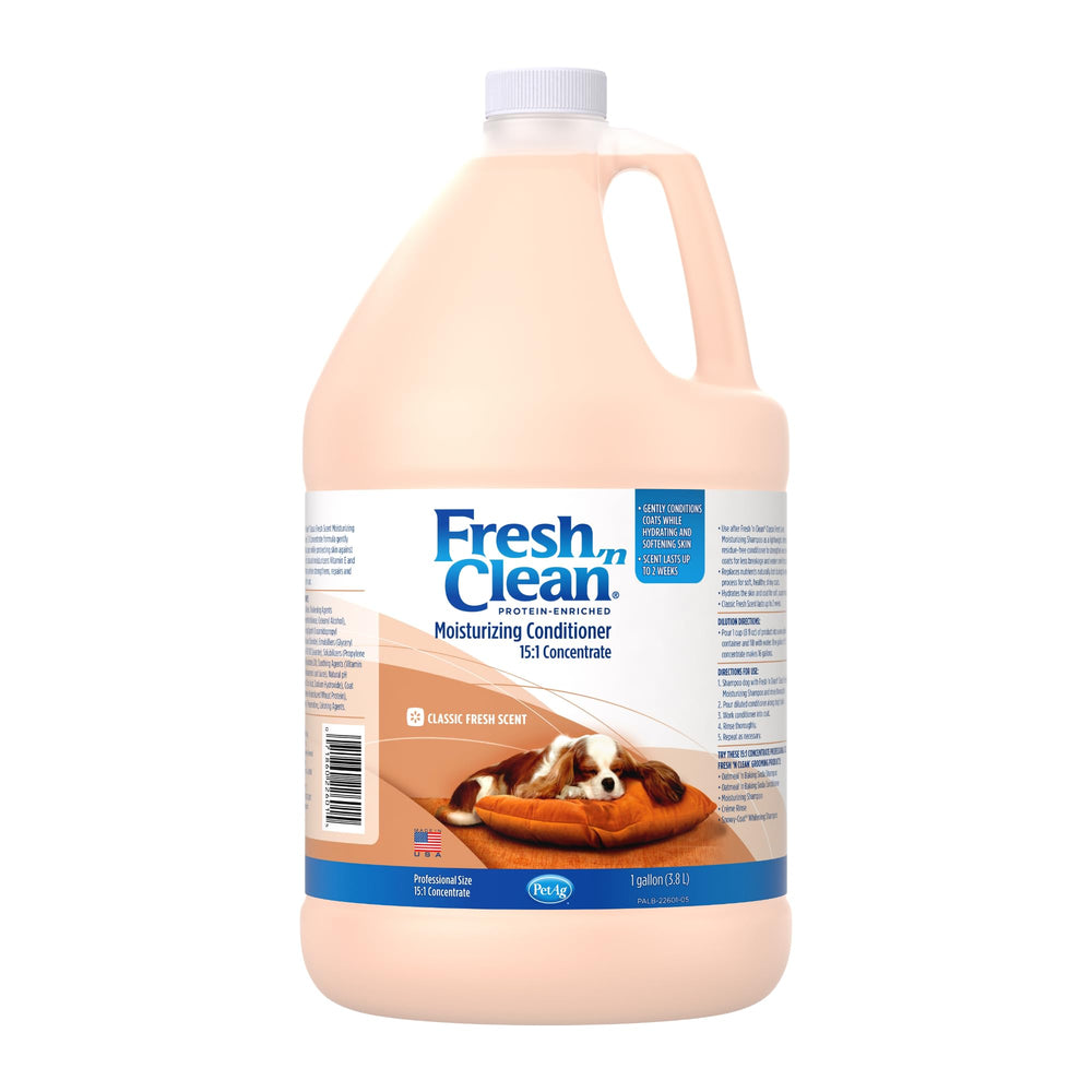 PetAg Fresh ’n Clean Conditioner flacon 1 gallon montrant l’étiquette et l’emballage bénéfice économie