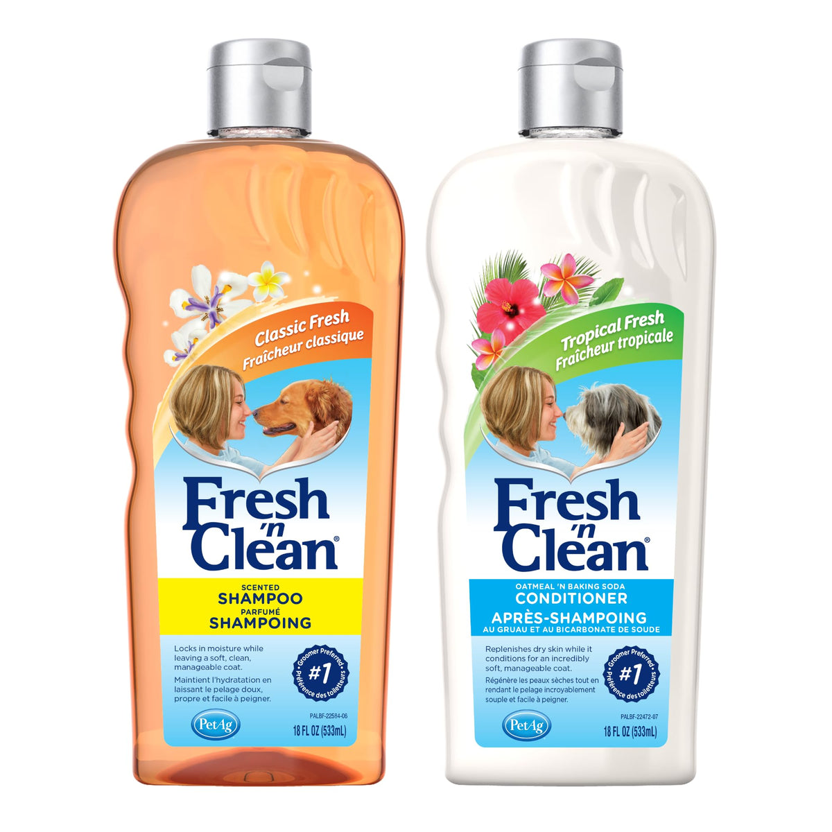 PetAg flacon Fresh ’n Clean face avant montrant l’étiquette et bénéfice nettoyage doux