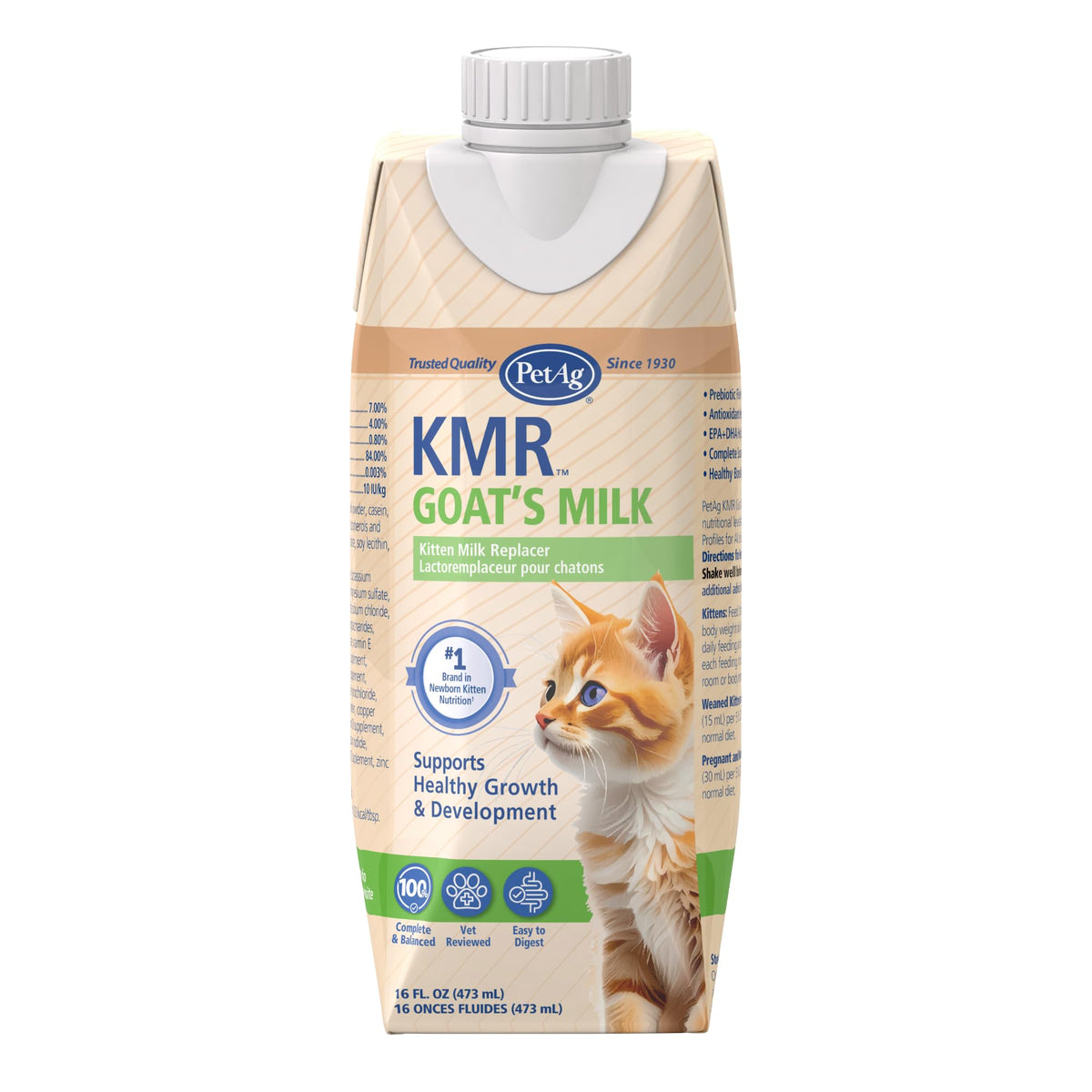 PetAg KMR emballage avant montrant 16 oz, alimentation rapide et pratique