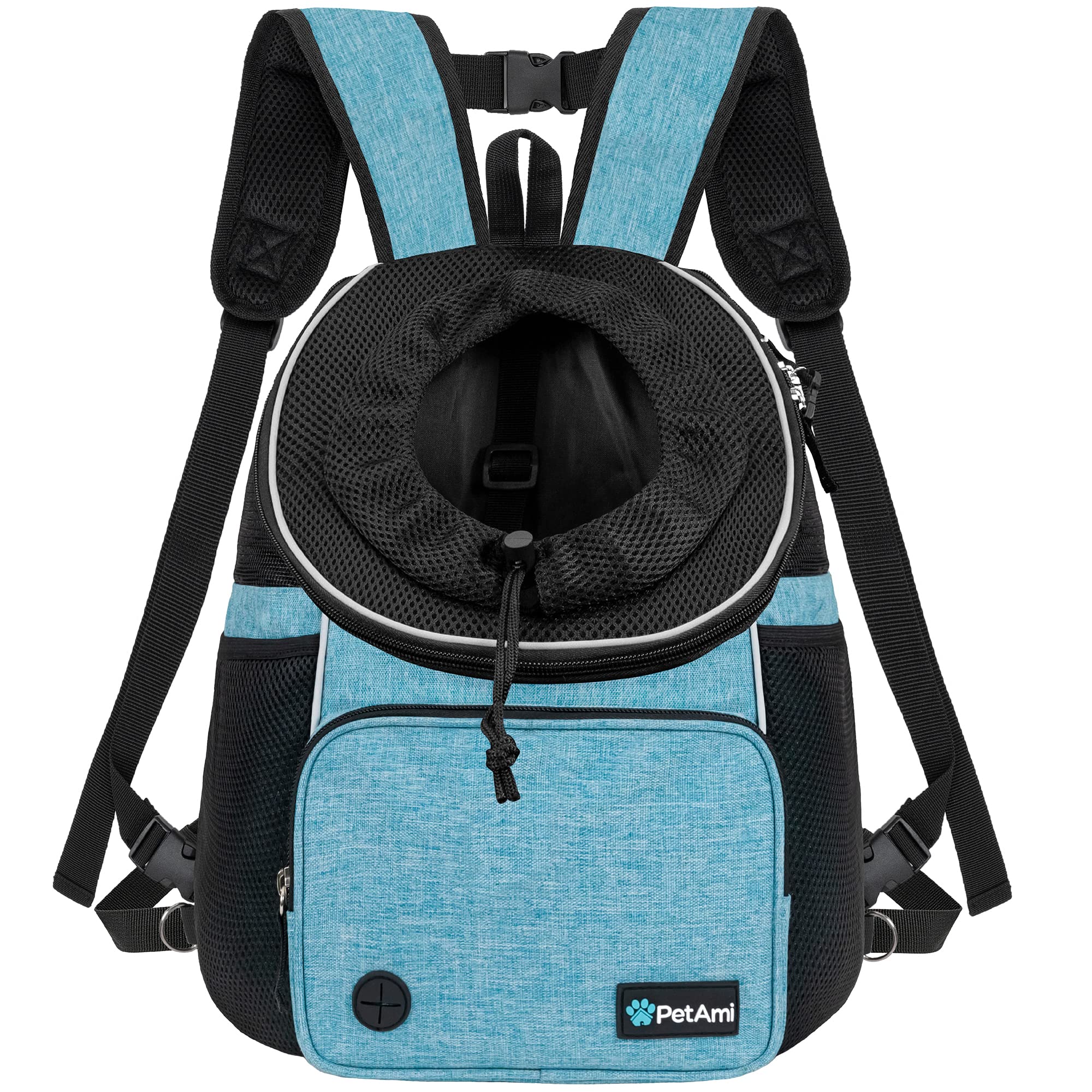 PetAmi sac à dos face bleu teal montrant design ventilé et maintien