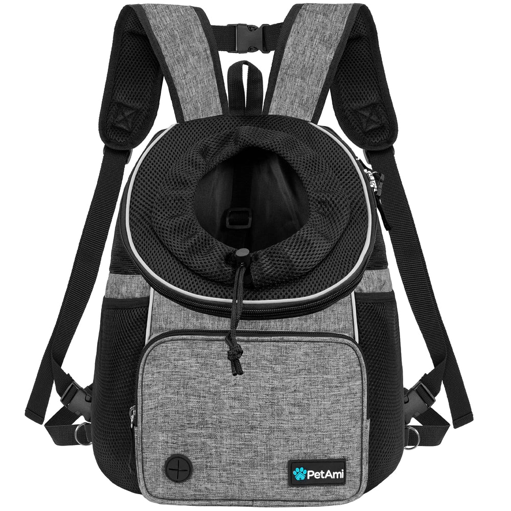 PetAmi face du sac à dos porte-chien montrant design et fermeture sécurisée