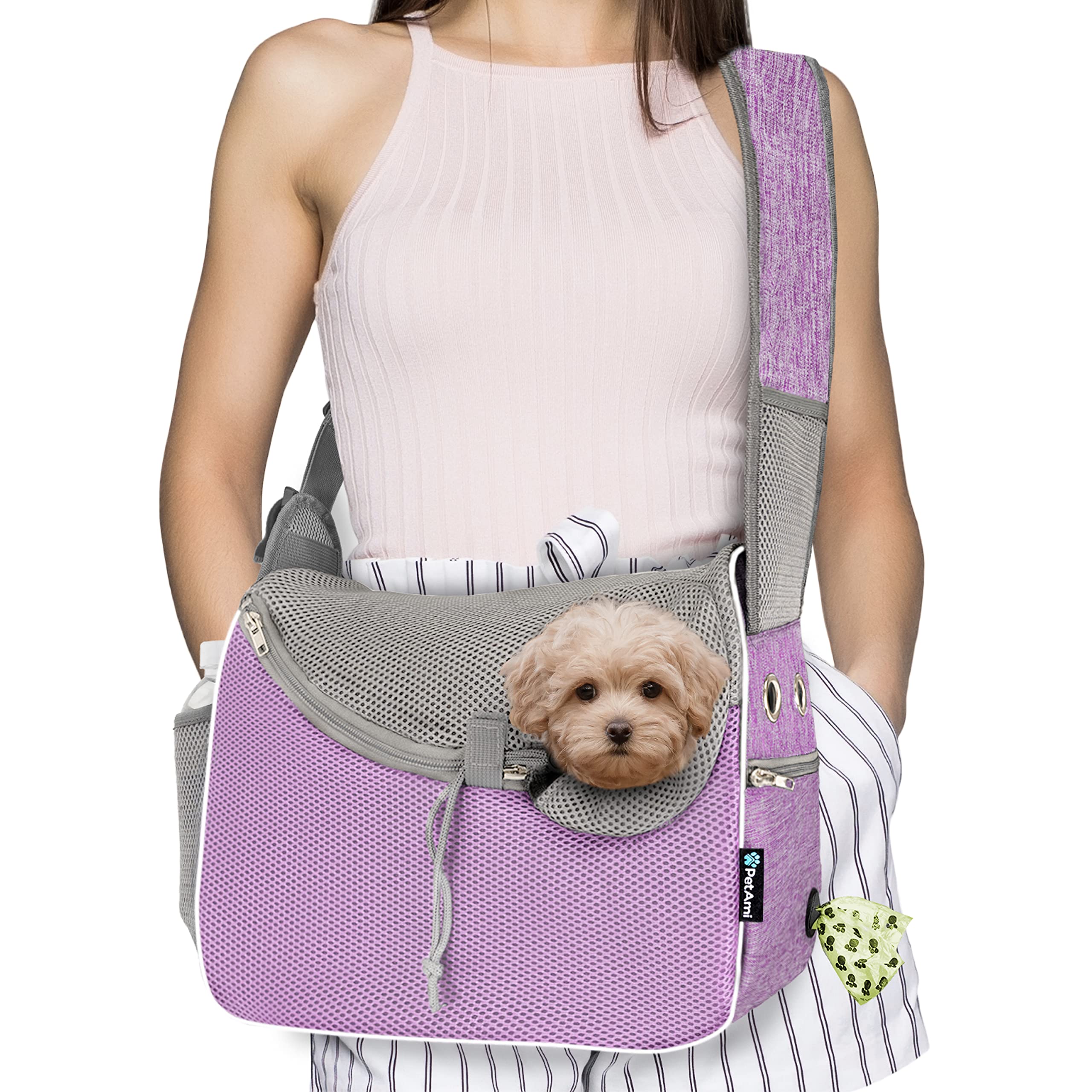 PetAmi porte-chien face violet montrant design et ouverture, confort immédiat