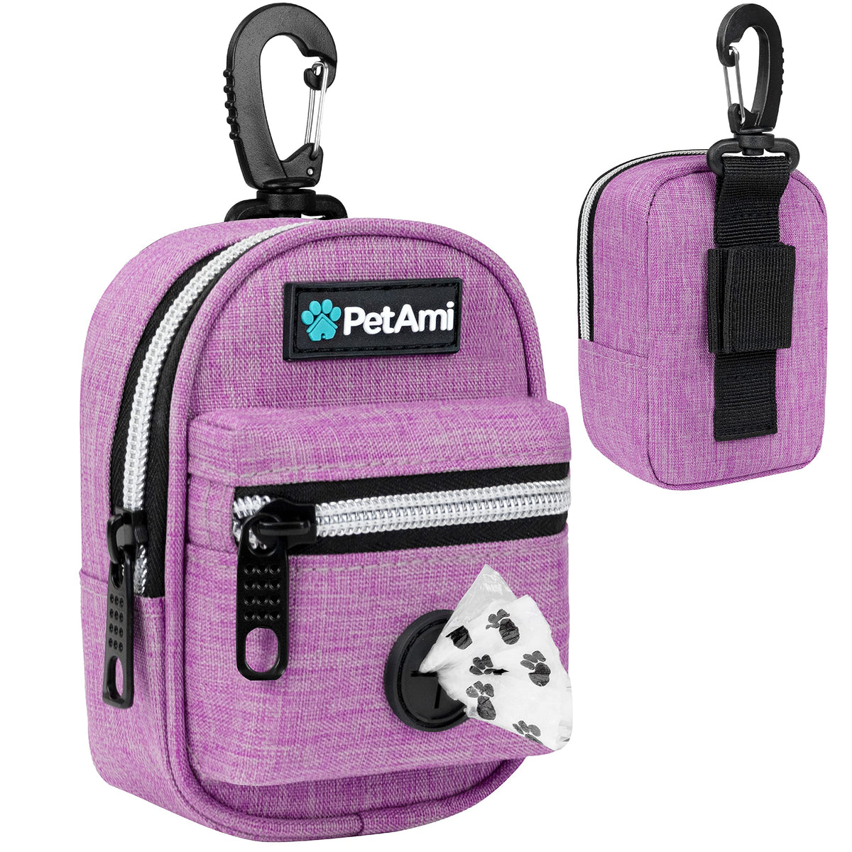 PetAmi vue avant du porte-sacs montrant le clip facile et gain d’espace