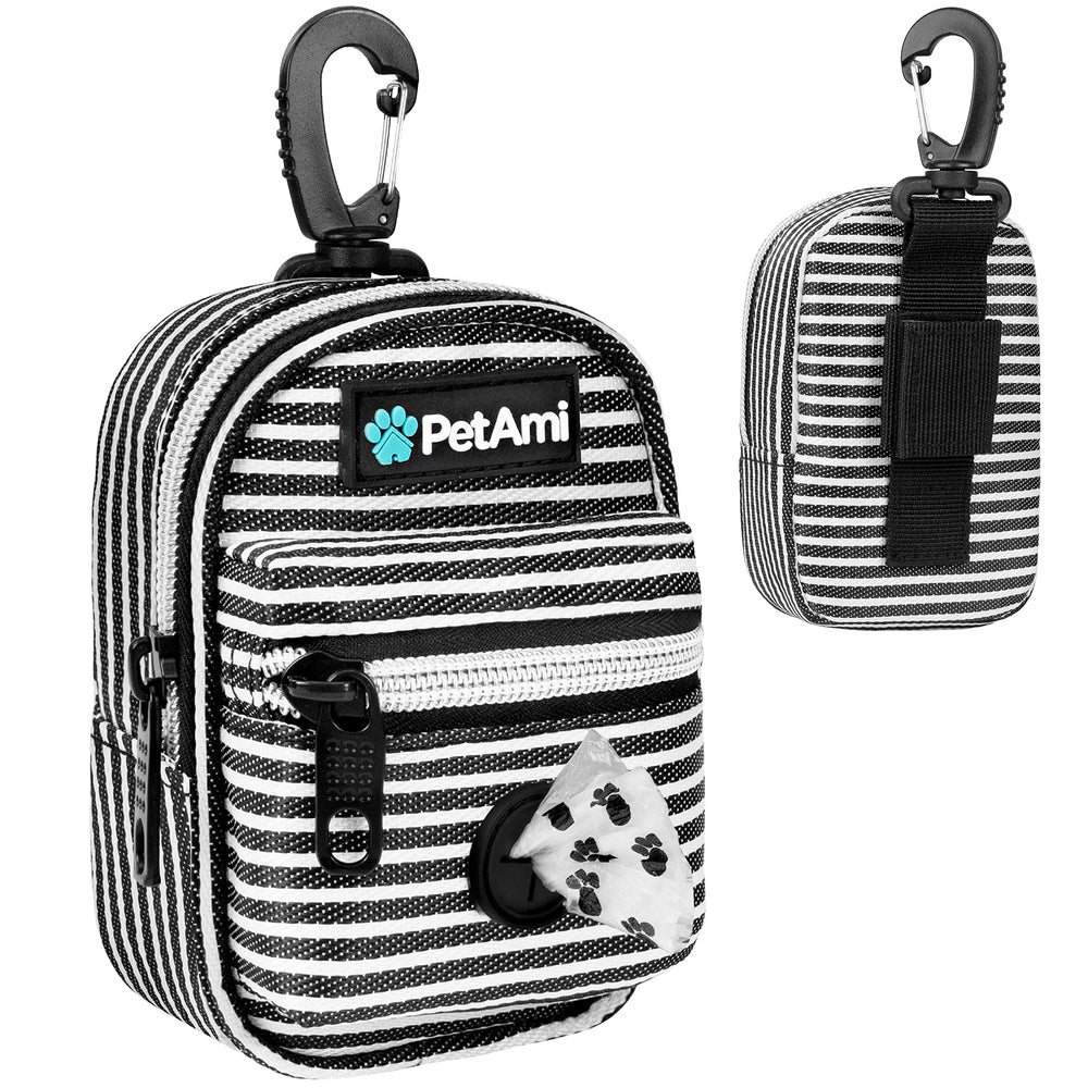 PetAmi porte-sacs face avant montrant fermeture et style rayé pratique