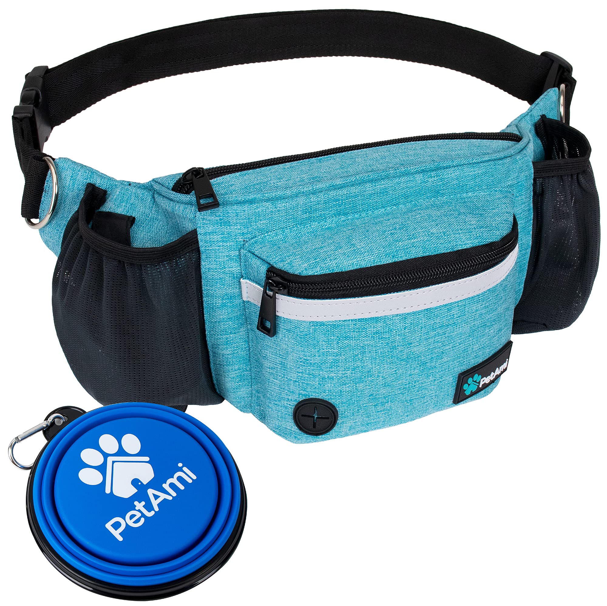 PetAmi sac banane face avant turquoise montrant rangement pratique