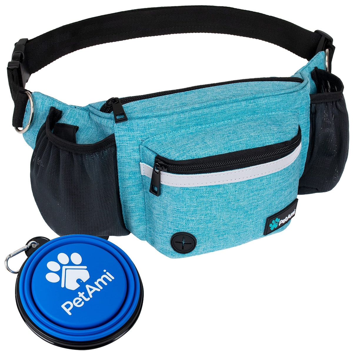 PetAmi sac banane face avant turquoise montrant rangement pratique