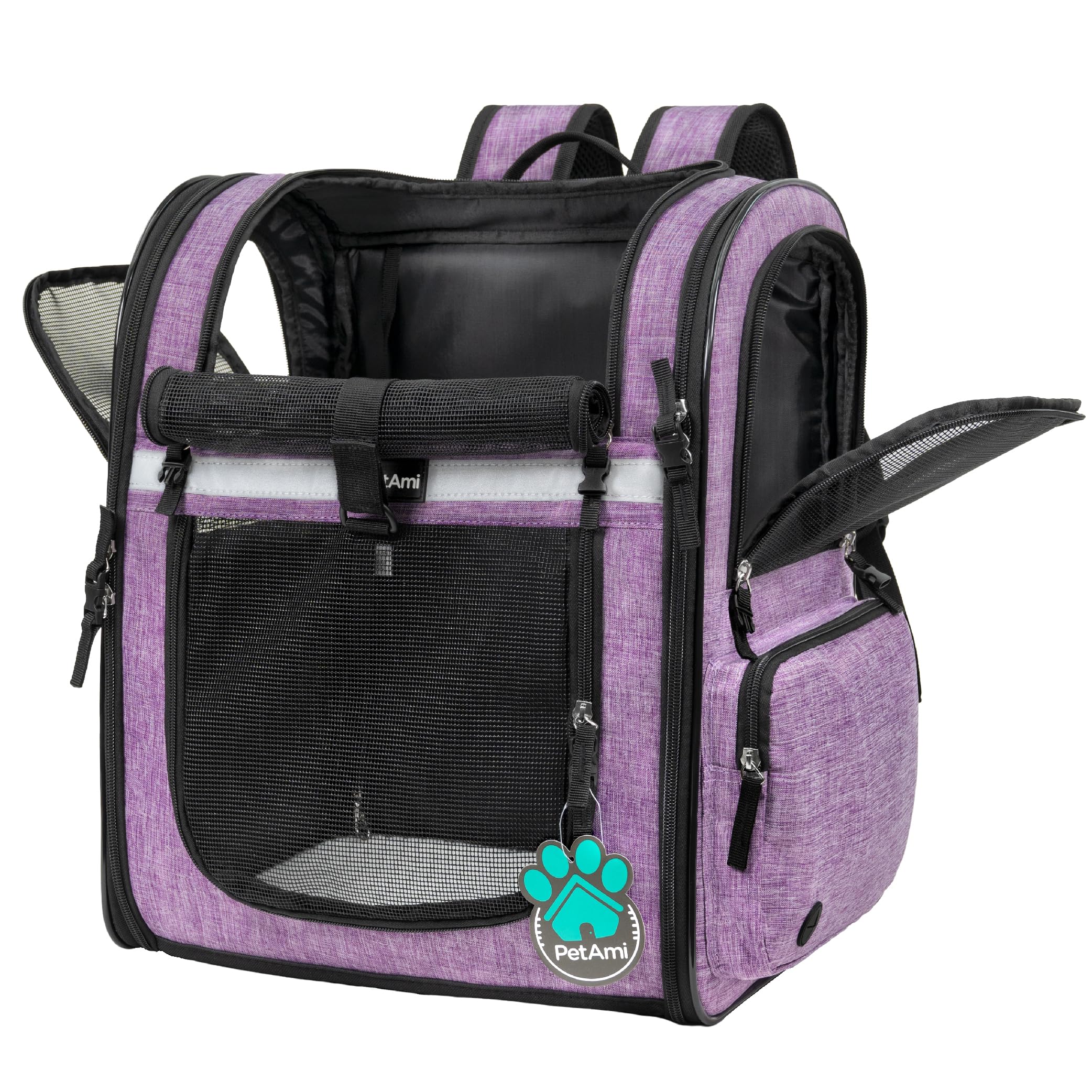 PetAmi sac à dos à côté d'un objet pour comparaison de taille et capacité claire