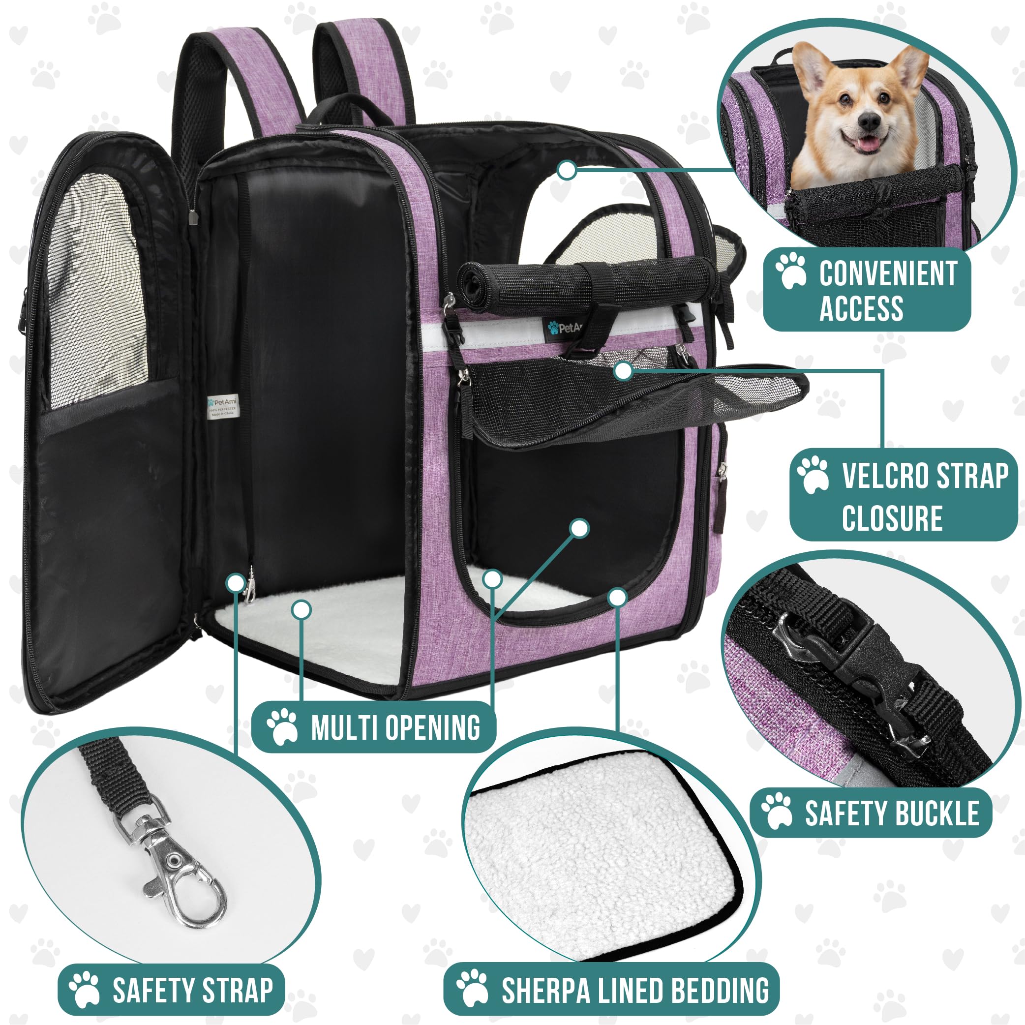 PetAmi sac à dos intérieur avec tapis sherpa amovible pour confort et nettoyage