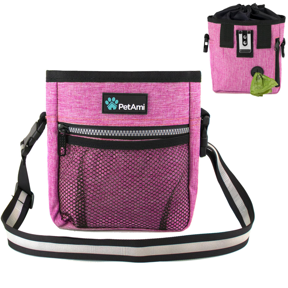 PetAmi sacoche avant rose montrant fermeture et compartiments, rangement pratique