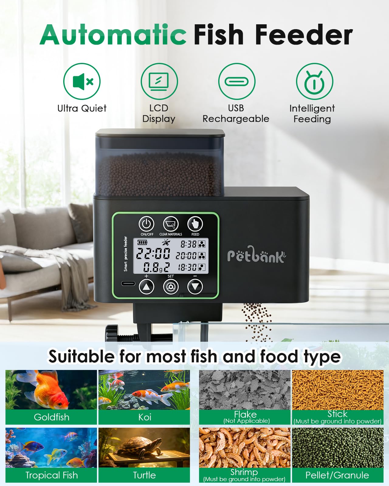 Petbank distribuant des granulés dans un aquarium, alimentation régulière