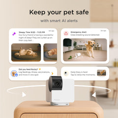 Petcube Cam 360 gros plan sur l'objectif illustrant la précision du zoom et la netteté