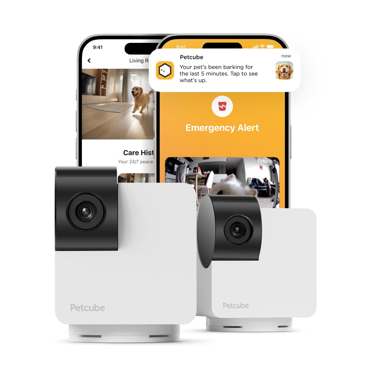 Petcube Cam 360 face avant montrant la rotation et la connectivité pour surveillance complète
