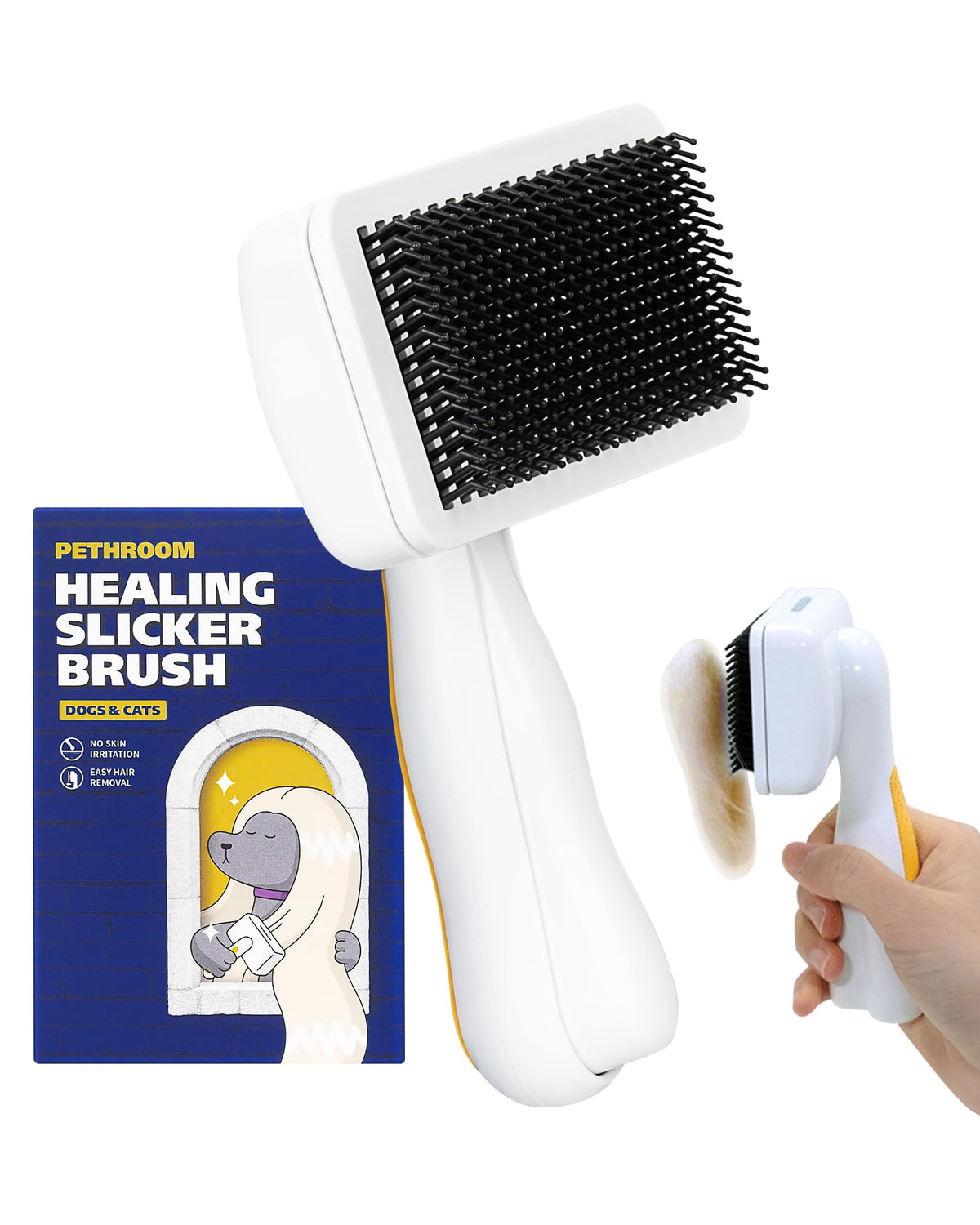 PETHROOM brosse slicker en packaging montrant design et contenu pratique