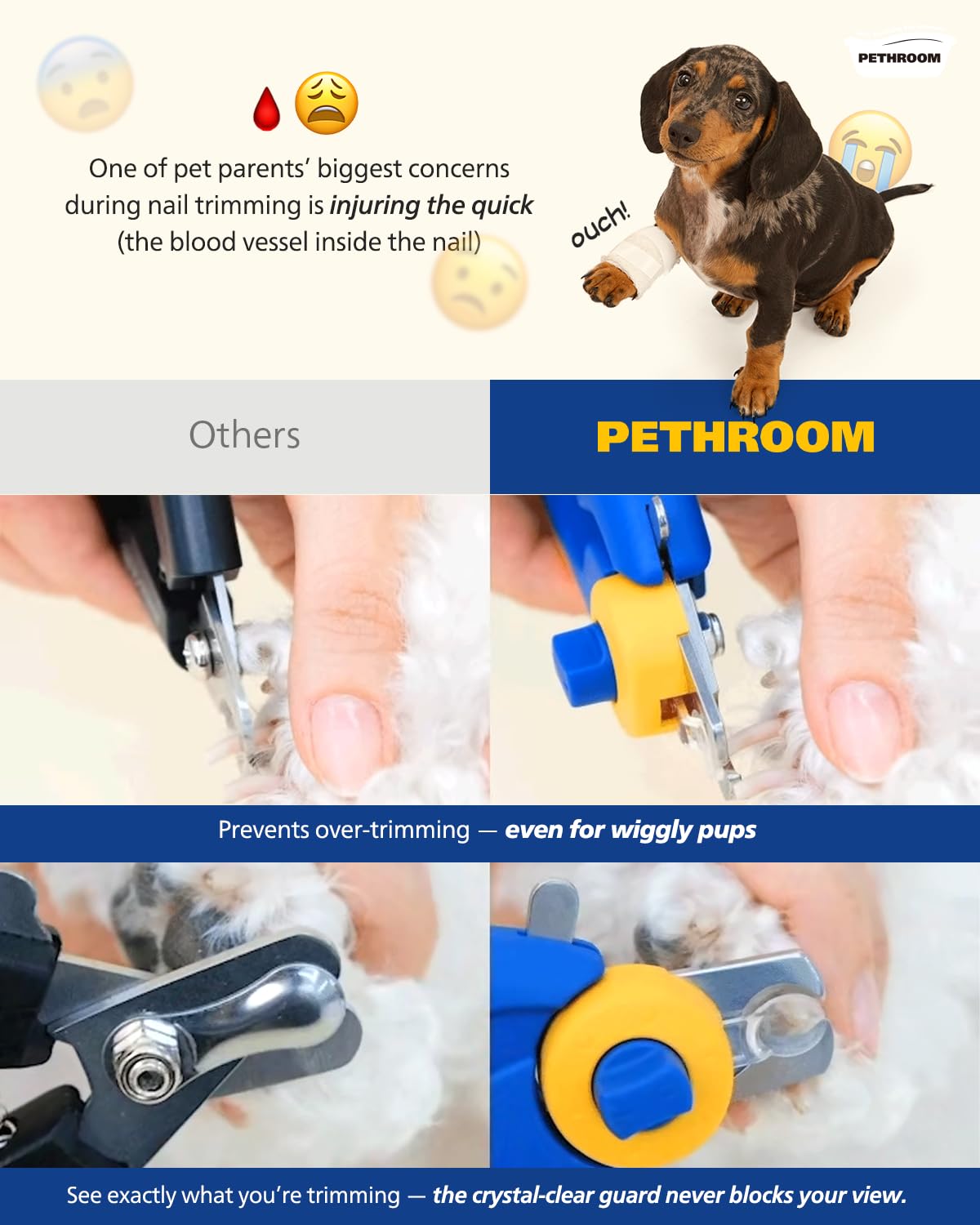 PETHROOM coupe-ongles en usage sur chien petit pour maniabilité