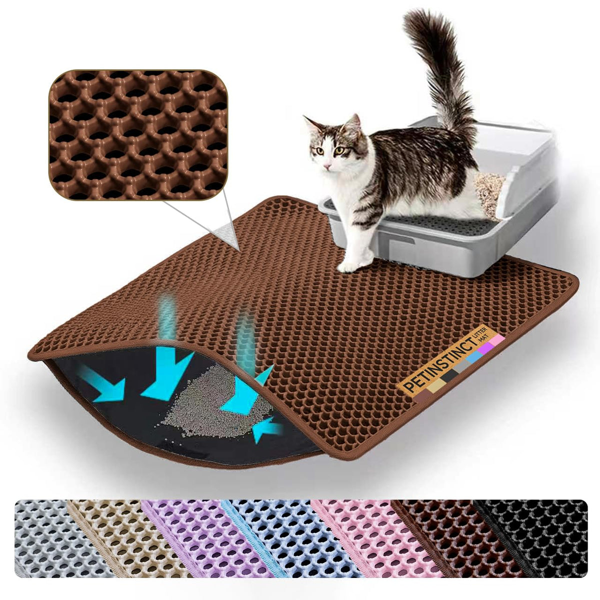 Petinstinct tapis face avant montrant large surface et capture de litière