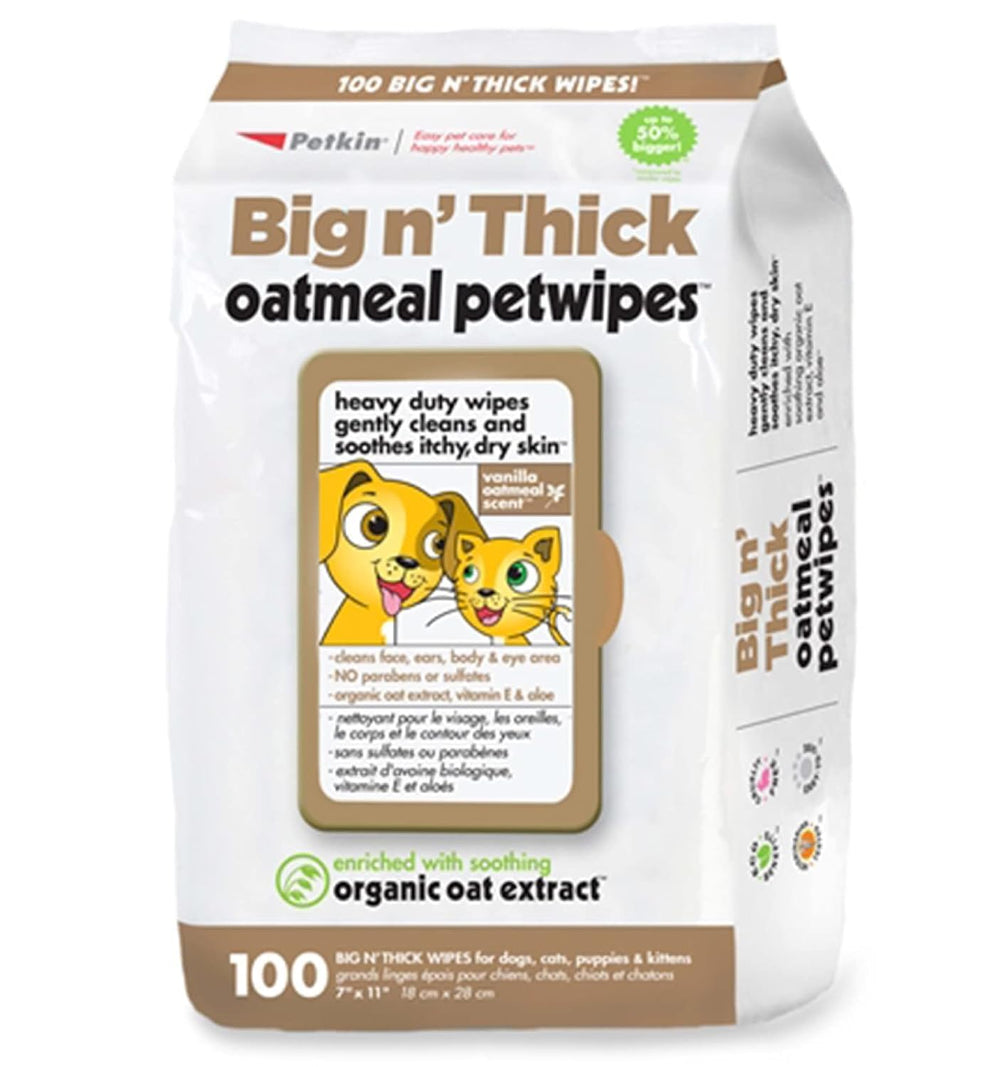 Petkin emballage avant montrant 100 lingettes, pratique et hermétique
