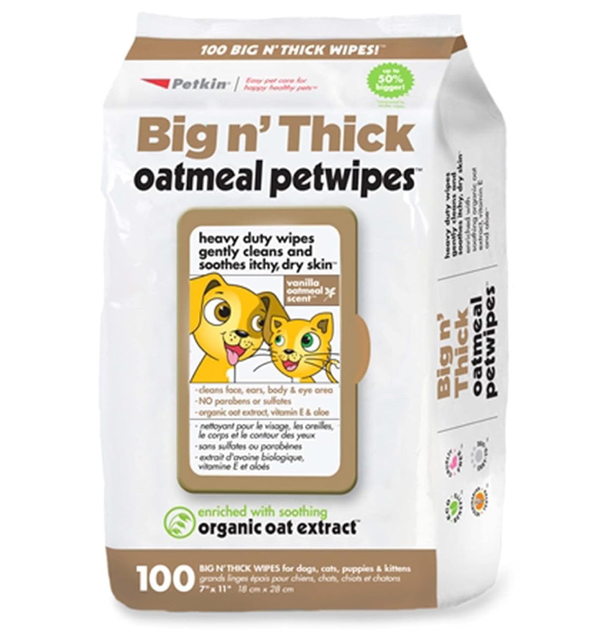 Petkin emballage avant montrant 100 lingettes, pratique et hermétique