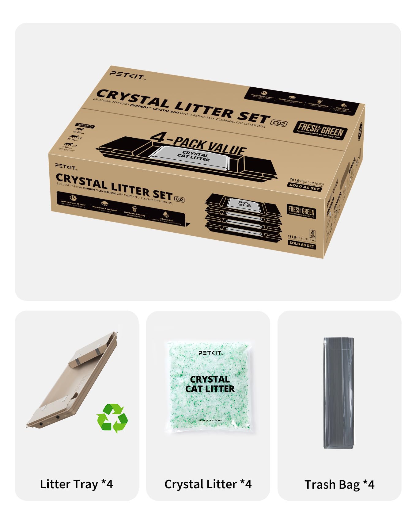 PETKIT emballage quatre tubs montrant stock longue durée et facilité voyage