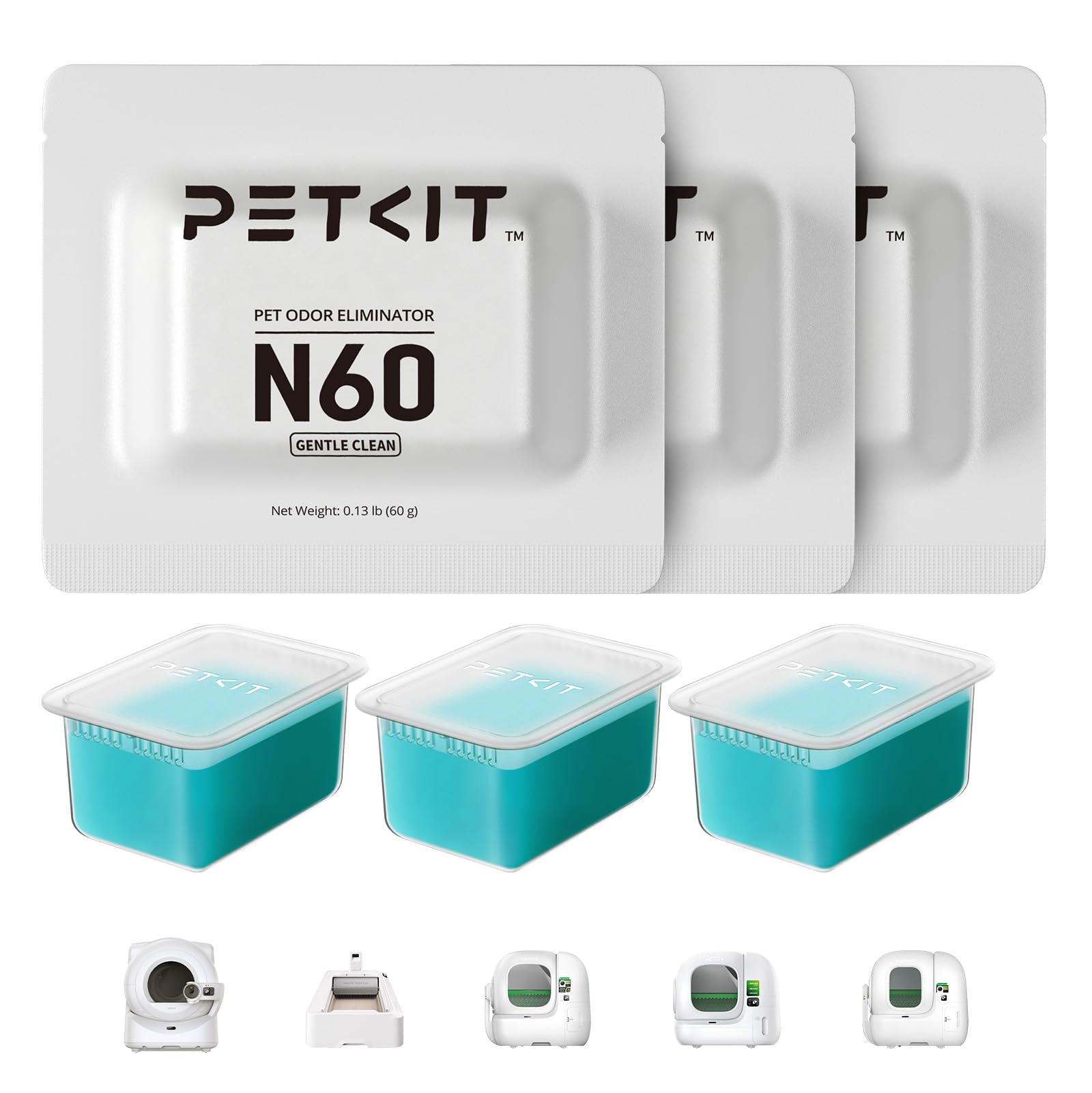 PETKIT N60 face du packaging montrant trois cartouches et informations produit