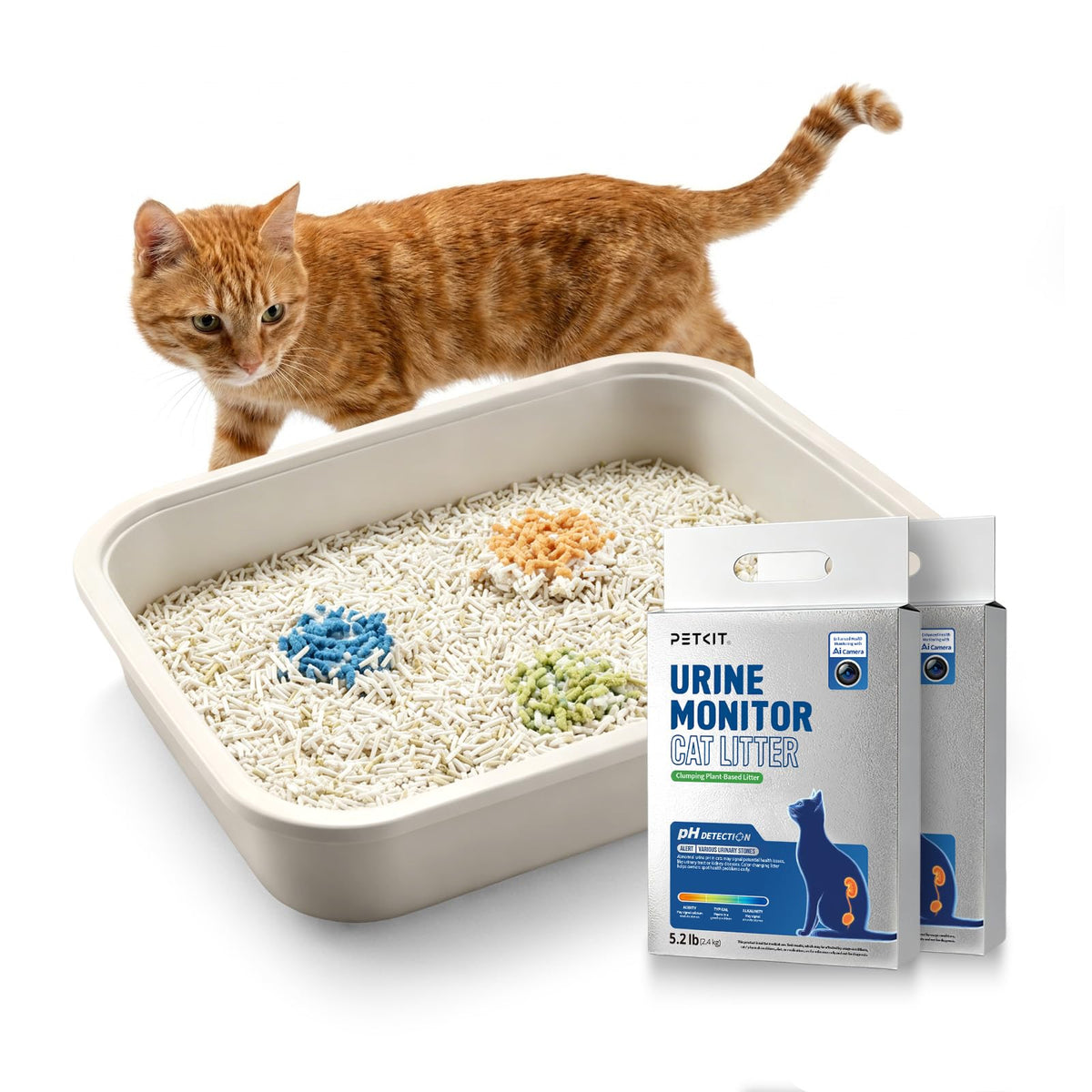 PETKIT emballage avant montrant litière tofu, informations claires et gain de place