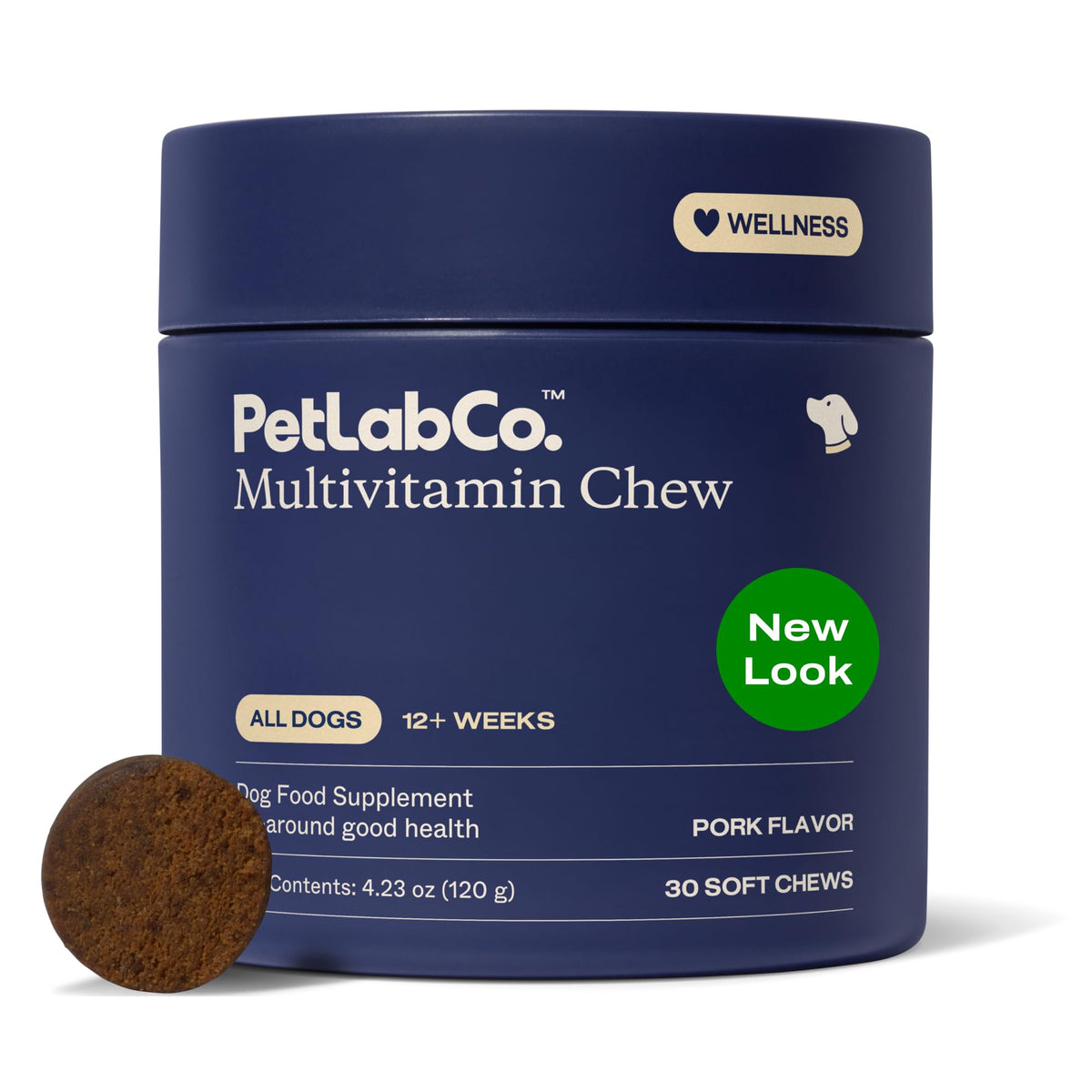 PetLab Co. emballage avant montrant le pot et la saveur porc, favorise adoption