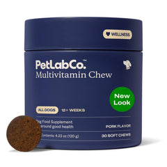 PetLab Co. emballage avant montrant le pot et la saveur porc, favorise adoption