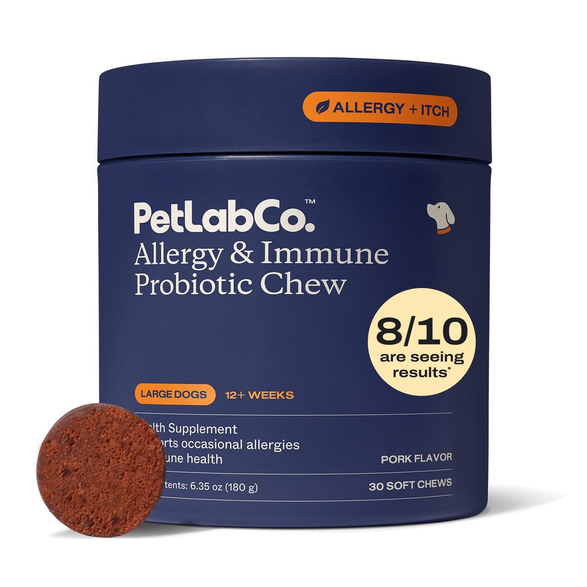 PetLab Co emballage avant montrant le format 30 comprimés et la praticité