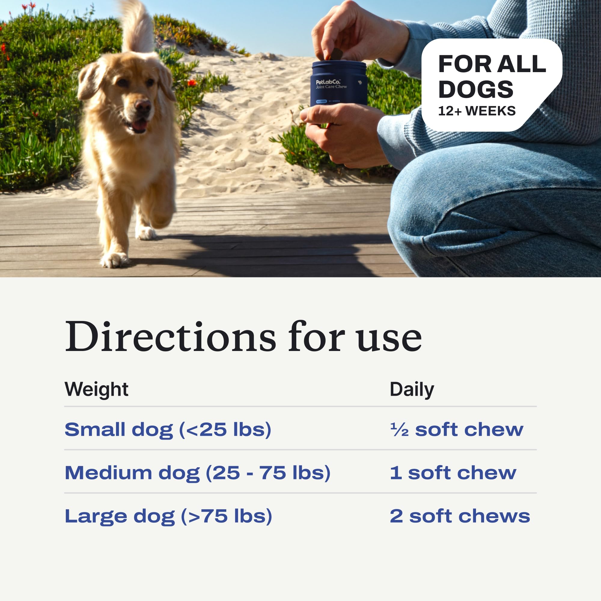 PetLab Co comparaison taille chew à la main pour évaluer la portion adaptée
