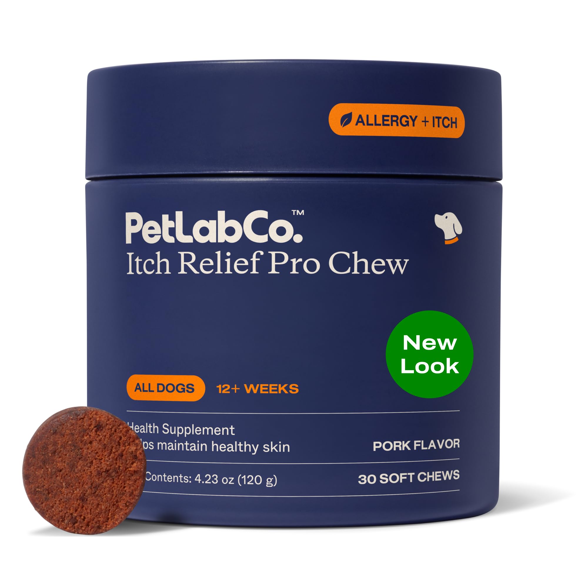 PetLab Co. emballage avant montrant 30 chews, bénéfice confort cutané