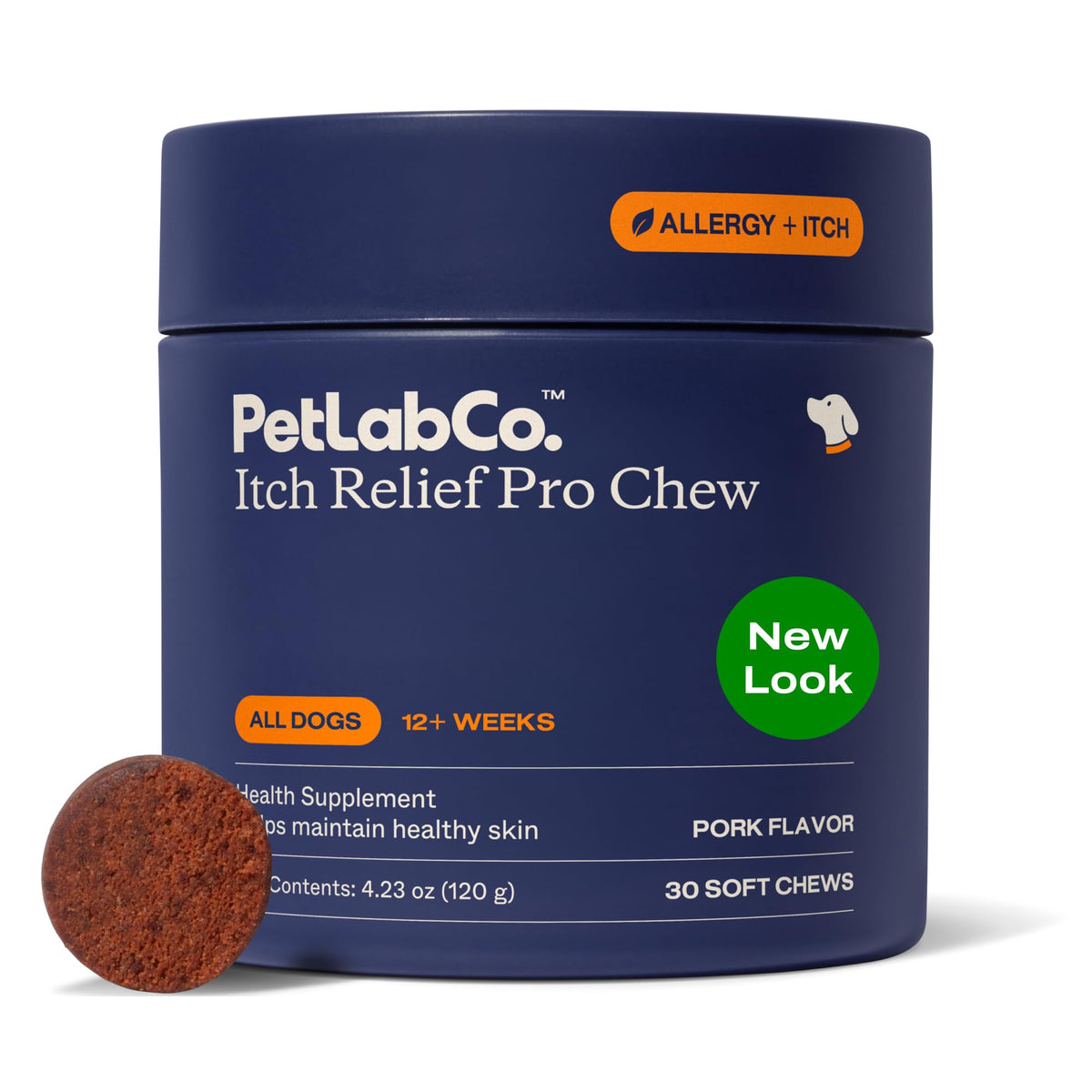PetLab Co. emballage avant montrant 30 chews, bénéfice confort cutané