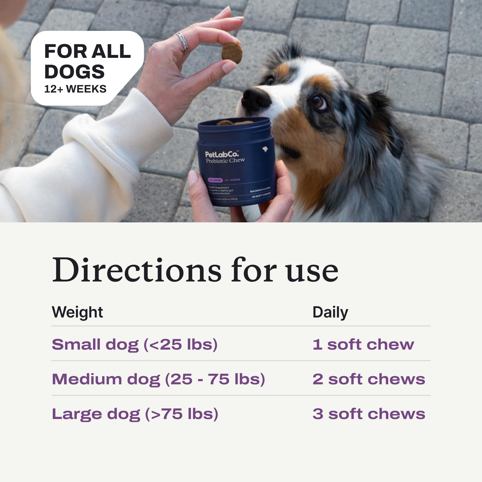 PetLab Co. comparaison taille mastiquable dans la main pour dosage clair