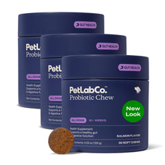 PetLab Co emballage avant des probiotiques pour chiens, rassure sur la qualité