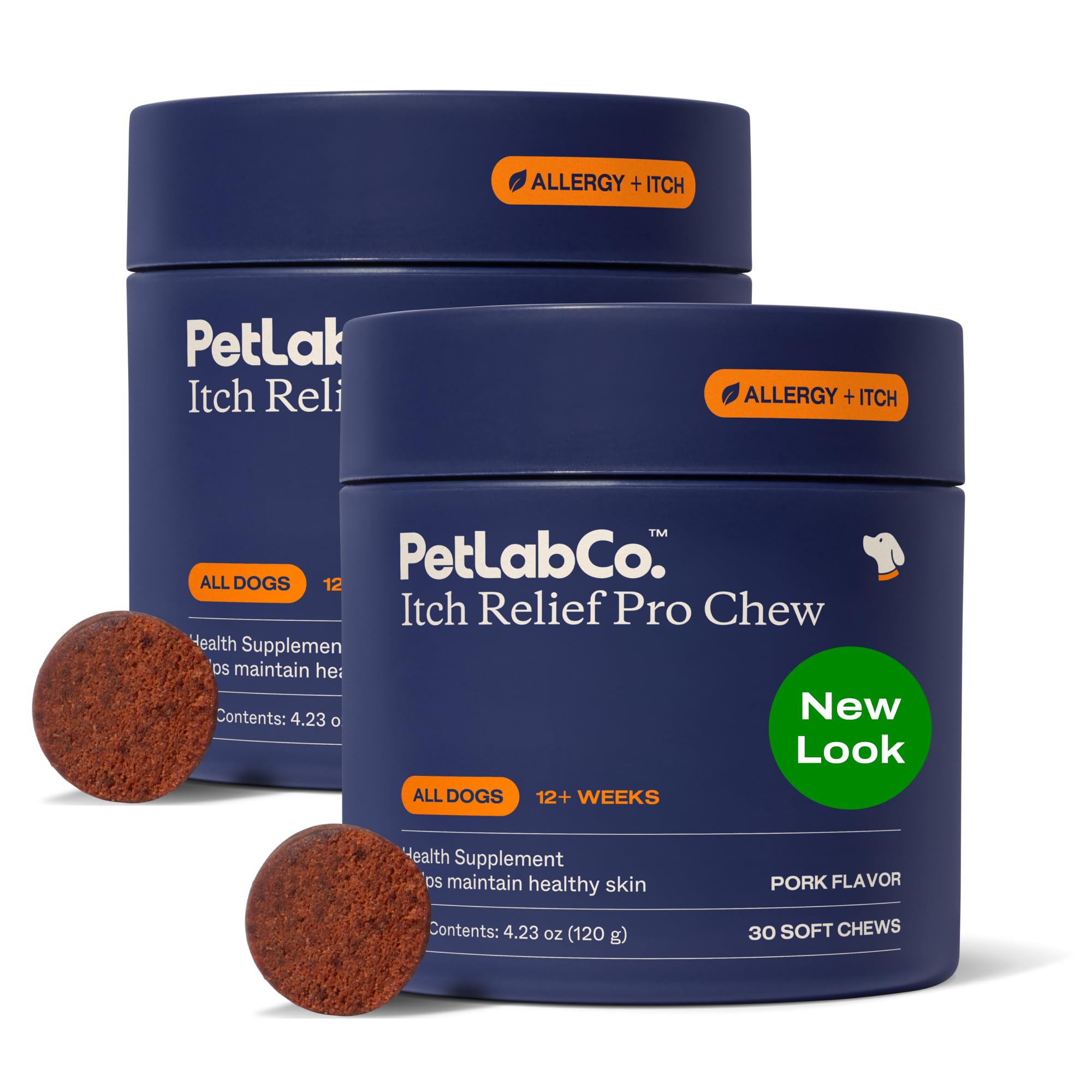 PetLab Co. emballage avant montrant le lot 2x30 chews et bénéfice peau saine
