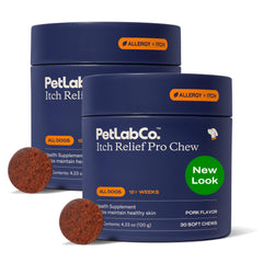 PetLab Co. emballage avant montrant le lot 2x30 chews et bénéfice peau saine