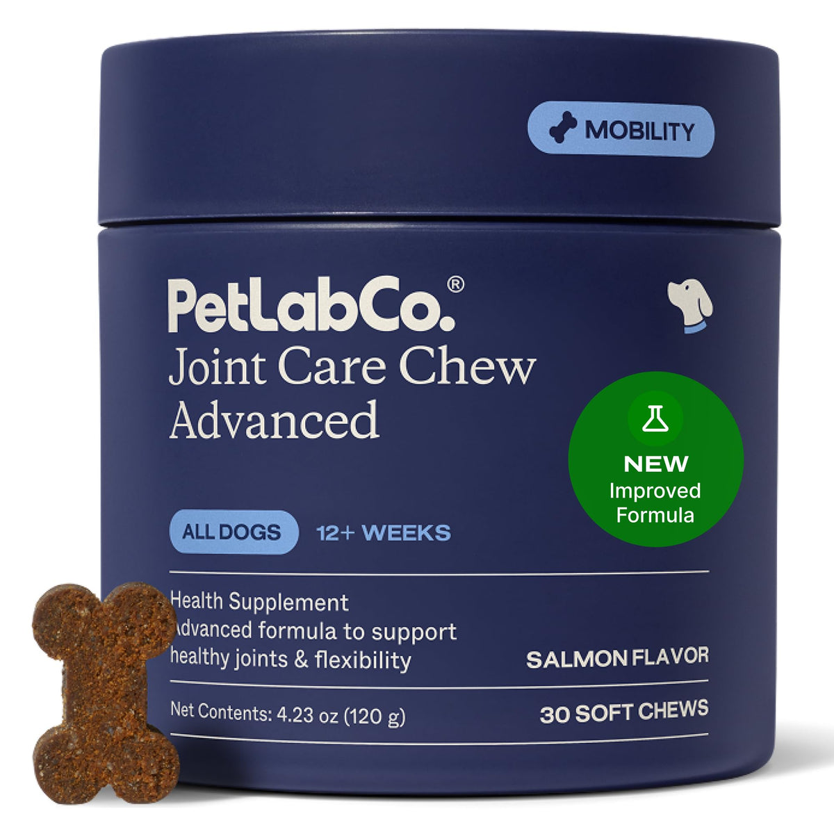 PetLab Co. image de l'emballage avant montrant le format pratique et les bénéfices