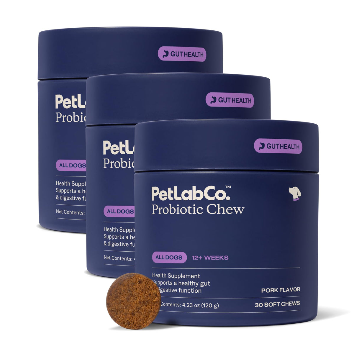PetLab Co. emballage avant montrant le pack de 3 et les bénéfices digestifs