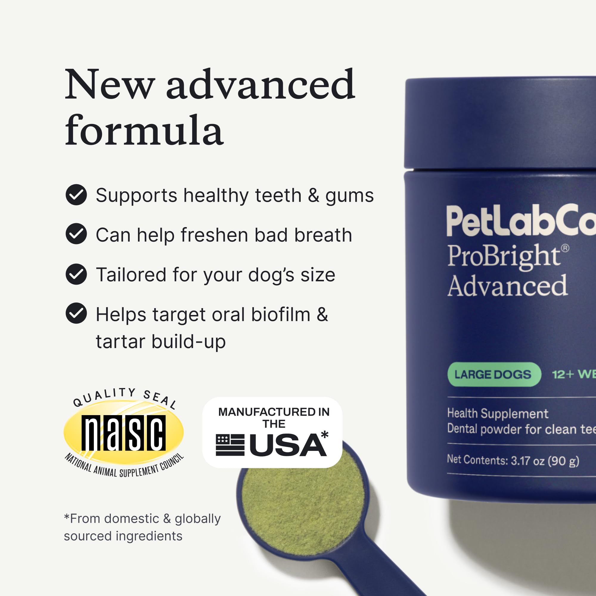 PetLab Co. certificat NASC à côté du pot ProBright attestant conformité