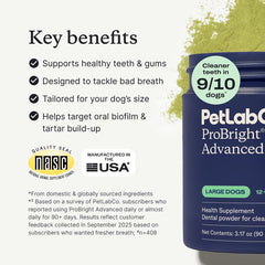 PetLab Co. étiquette ProBright en gros plan affichant instructions et bénéfices