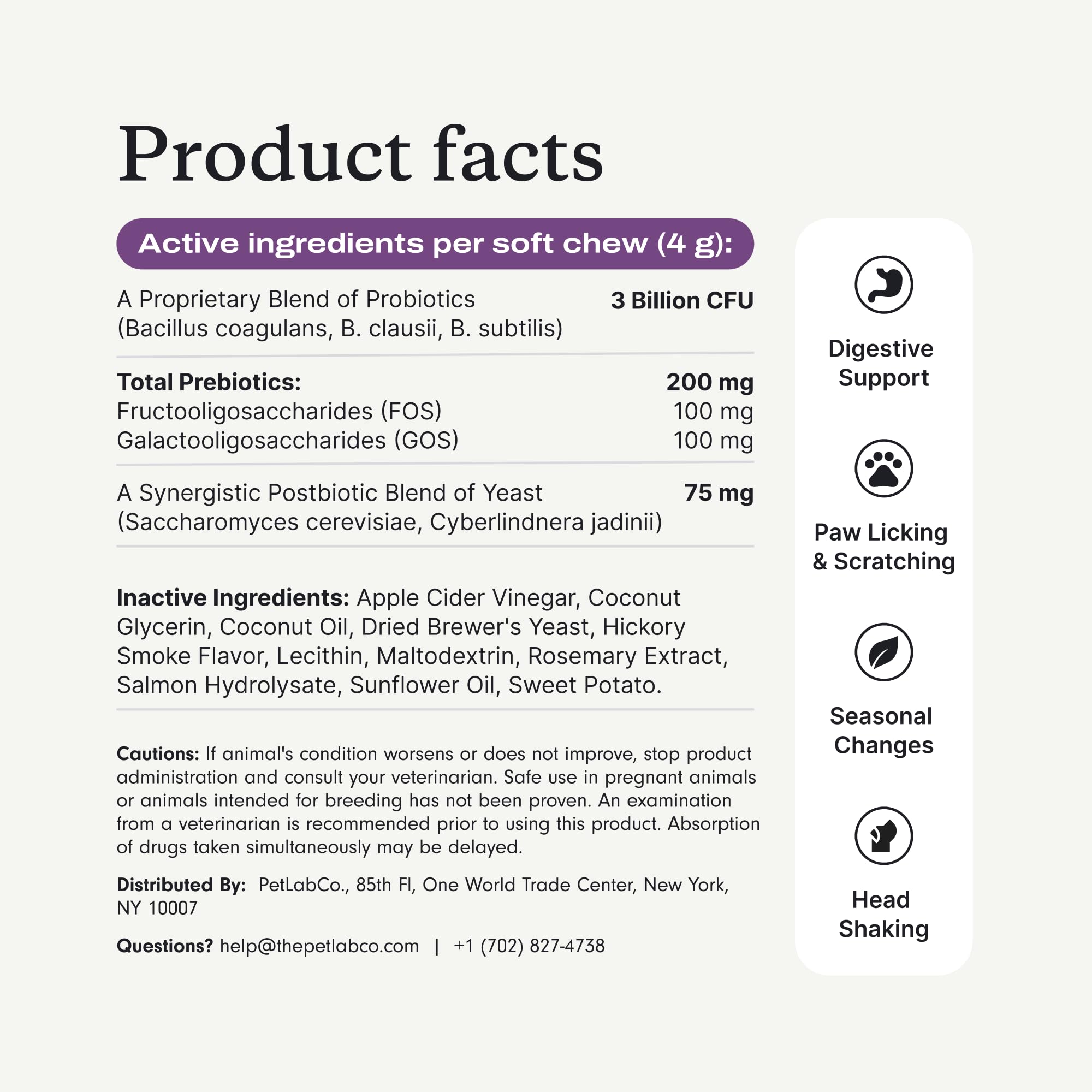 PetLab Co. tableau des 8 souches probiotiques montrant diversité