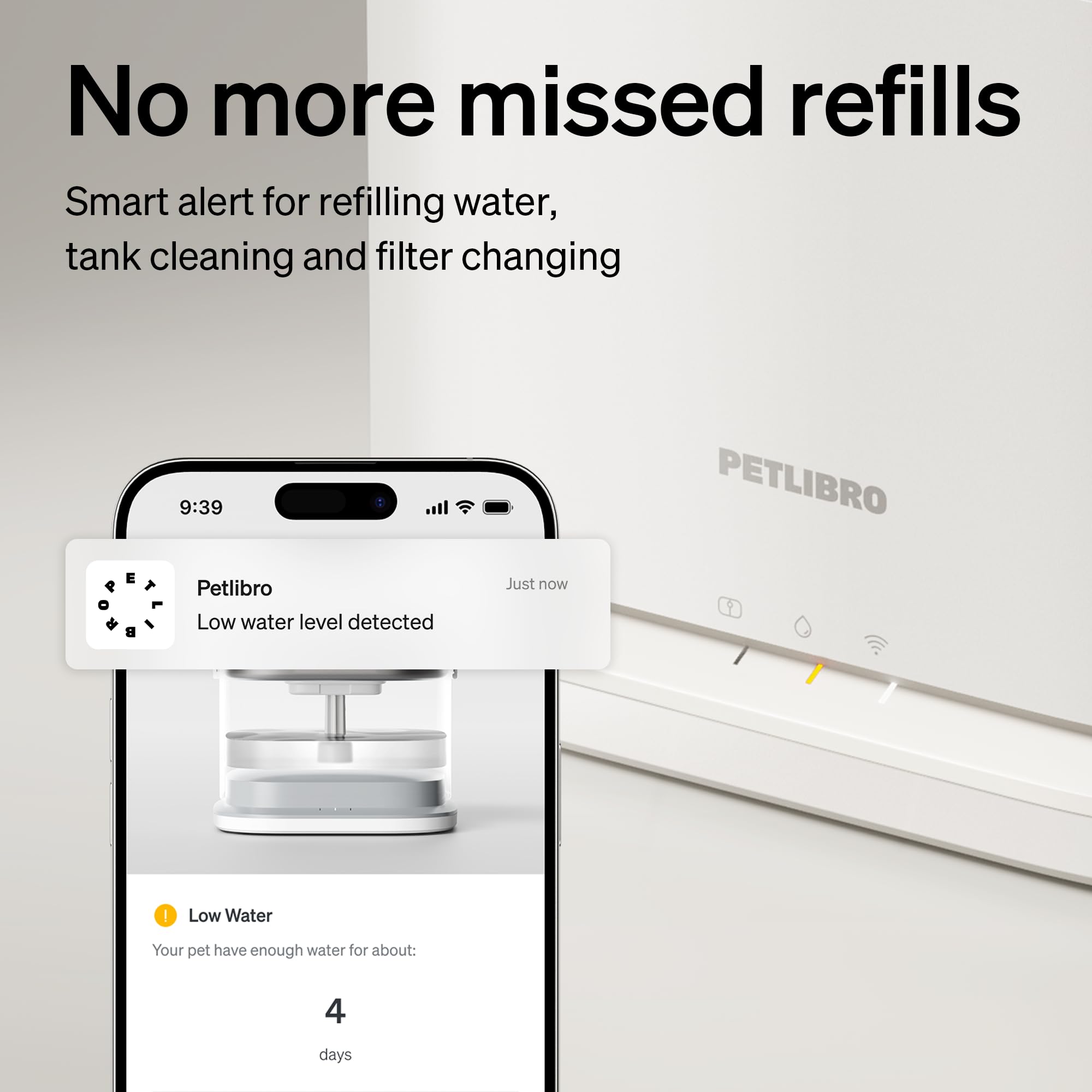 PETLIBRO écran d'application affichant l'historique de consommation et alertes