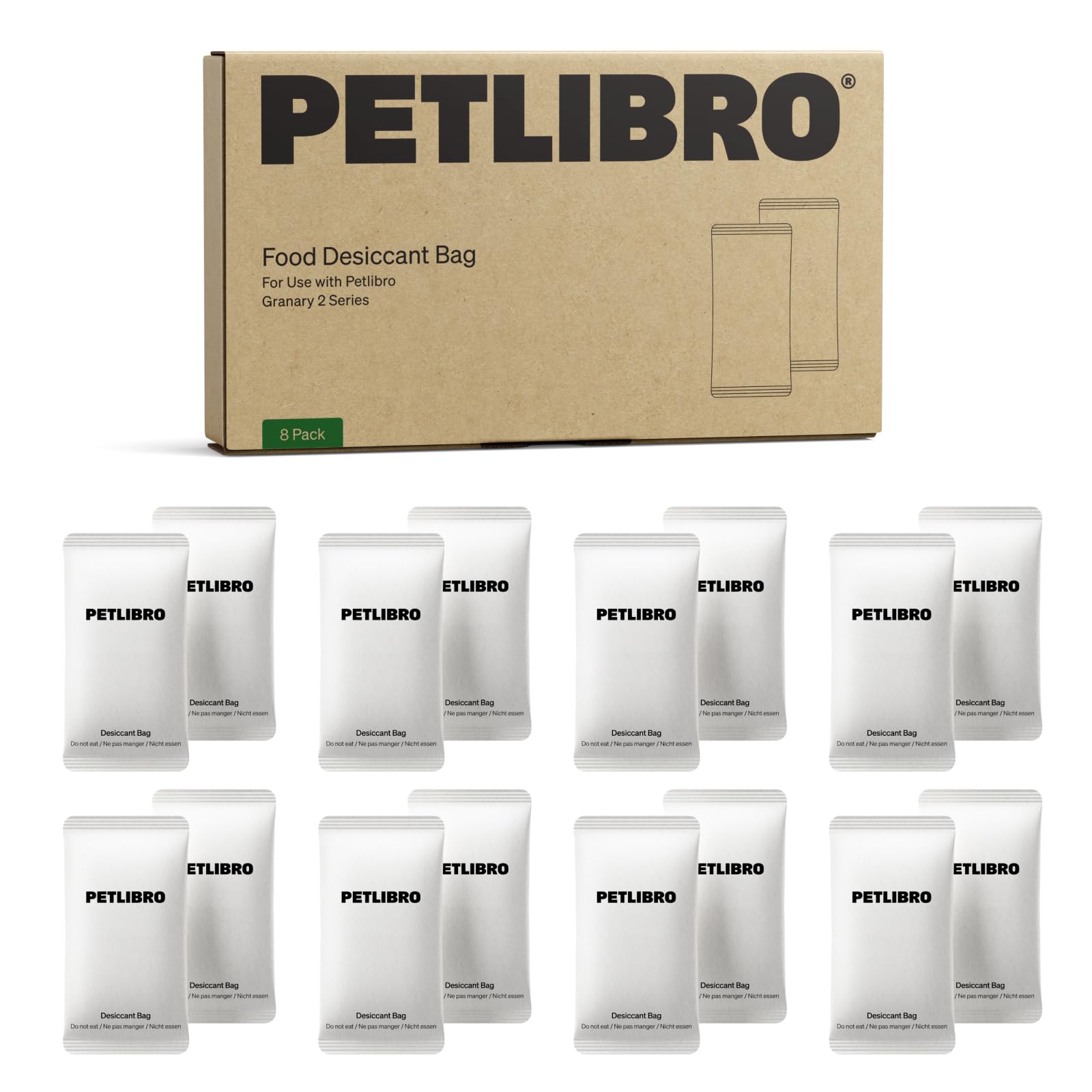 PETLIBRO emballage compact montrant 8 packs et gain de stockage