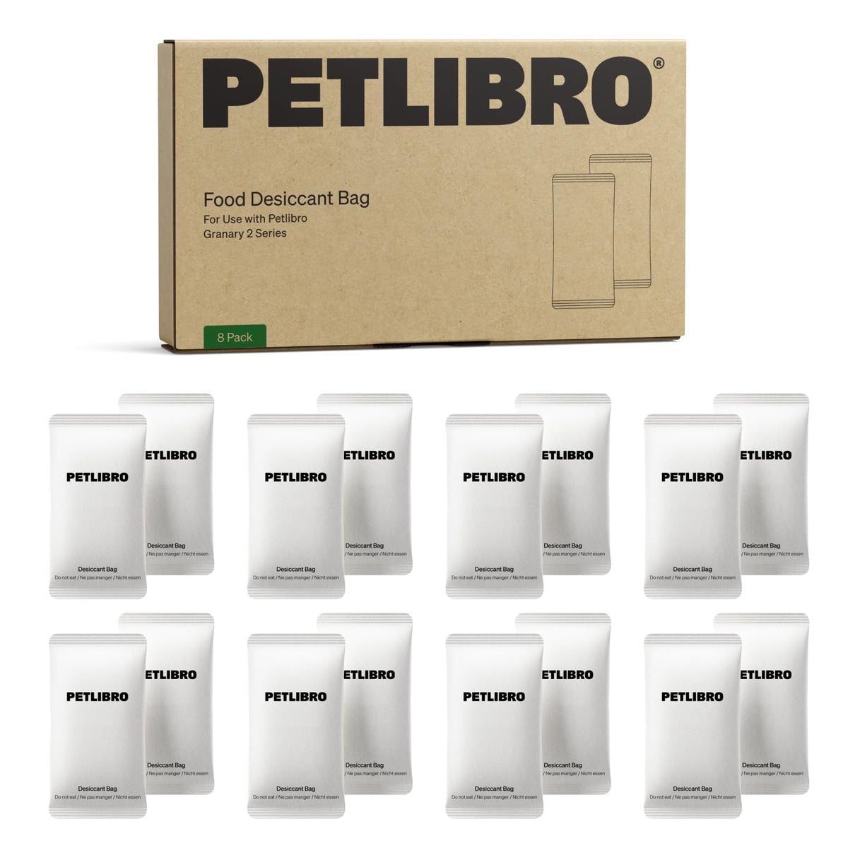 PETLIBRO emballage compact montrant 8 packs et gain de stockage