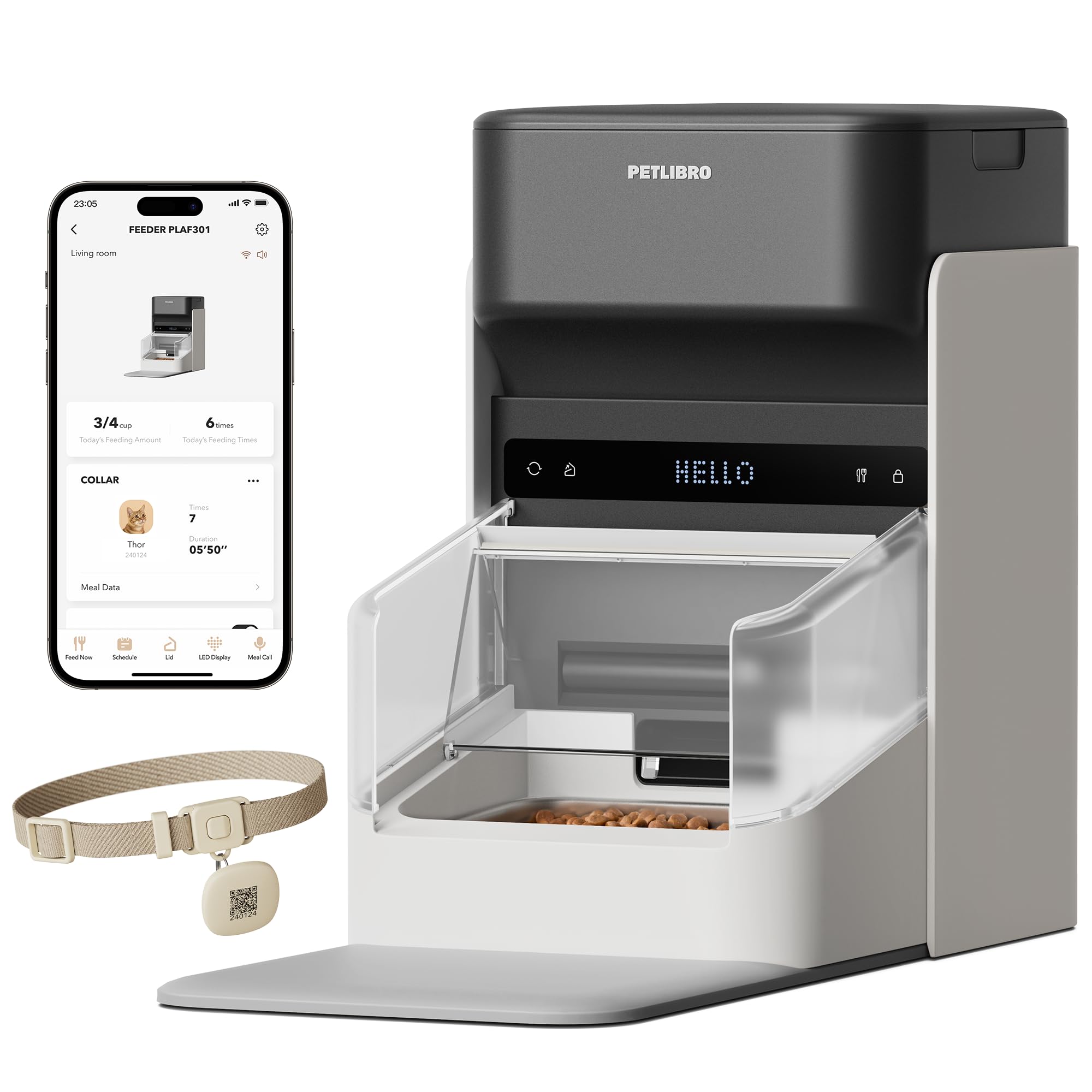 PETLIBRO vue frontale du distributeur montrant design compact et accès facilité