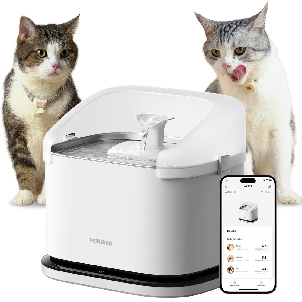 PETLIBRO vue avant de la fontaine montrant le design et le grand réservoir 3L, pratique pour plusieurs chats