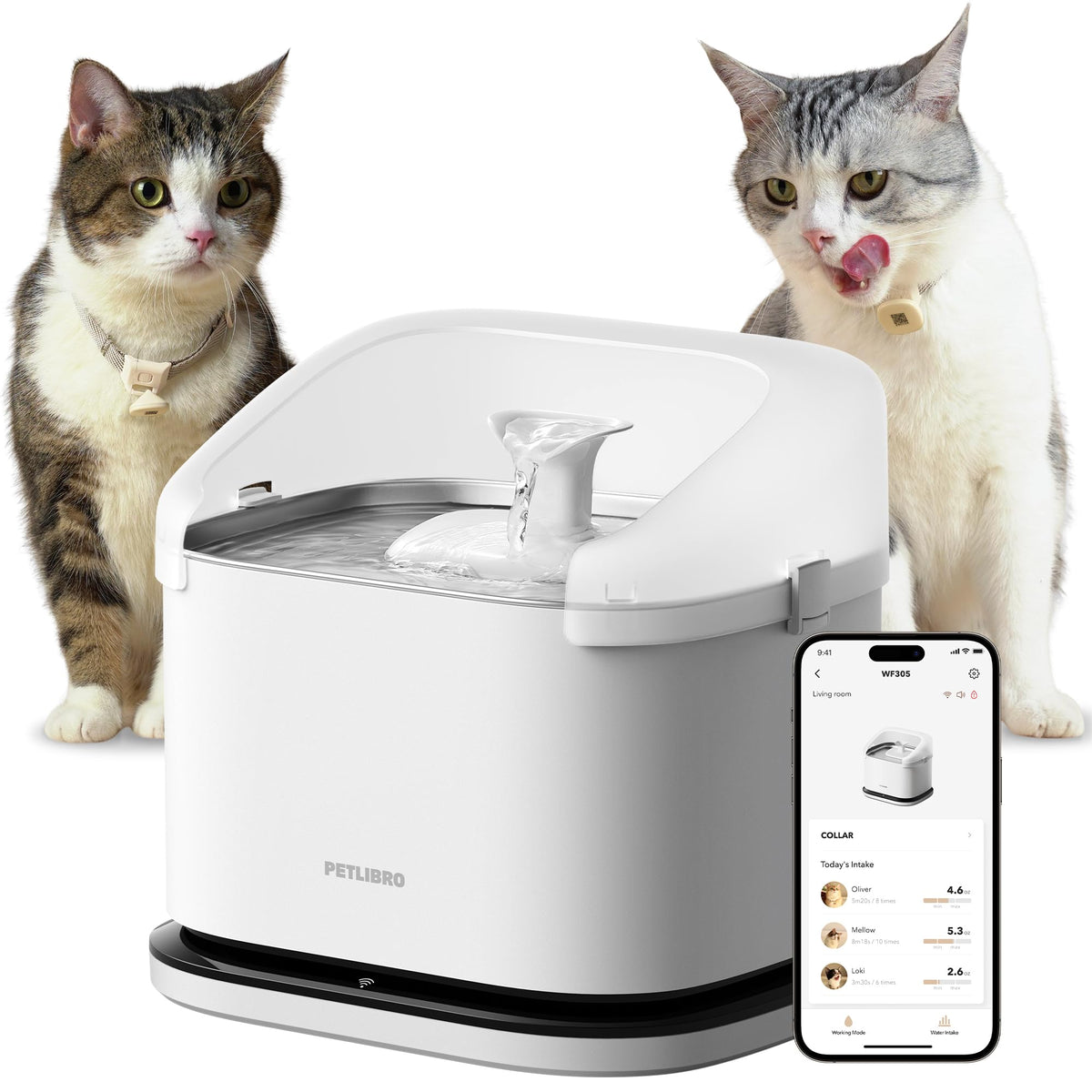 PETLIBRO vue avant de la fontaine montrant le design et le grand réservoir 3L, pratique pour plusieurs chats