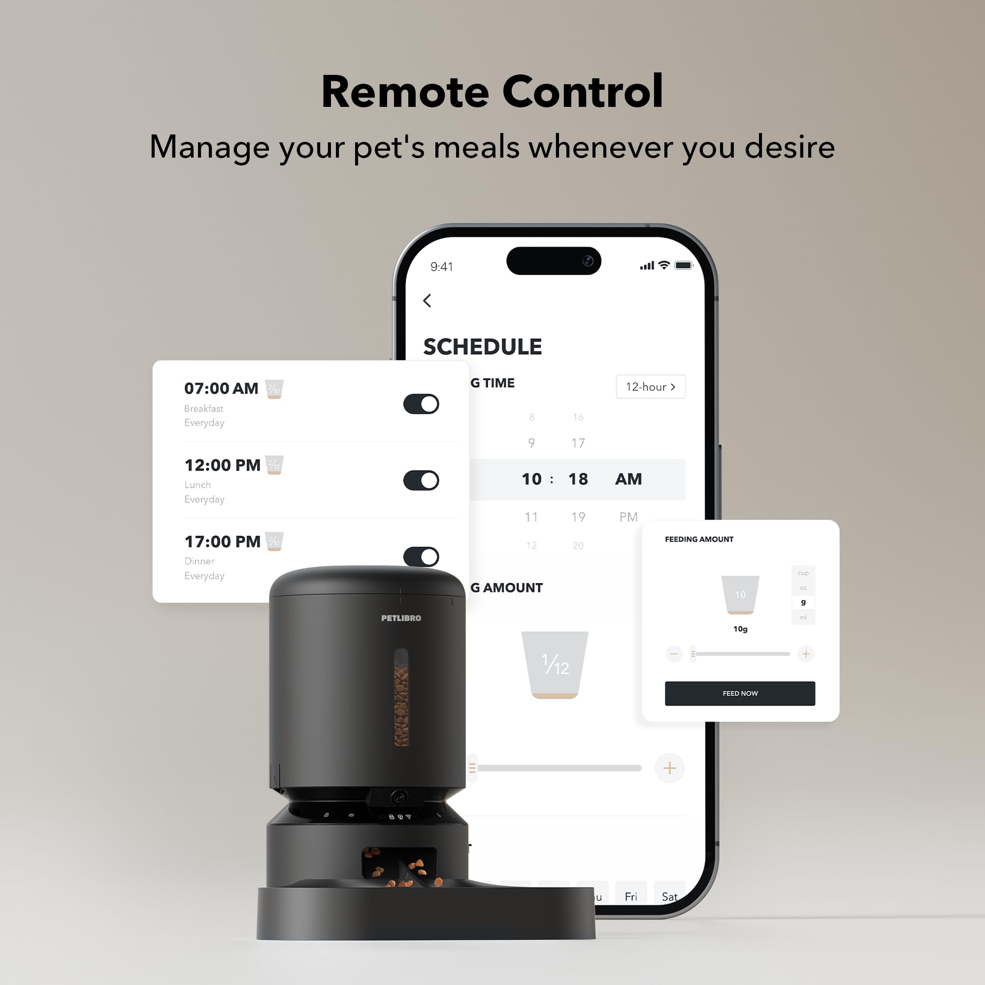 PETLIBRO haut‑parleur et micro en gros plan permettant audio bidirectionnel et appel repas