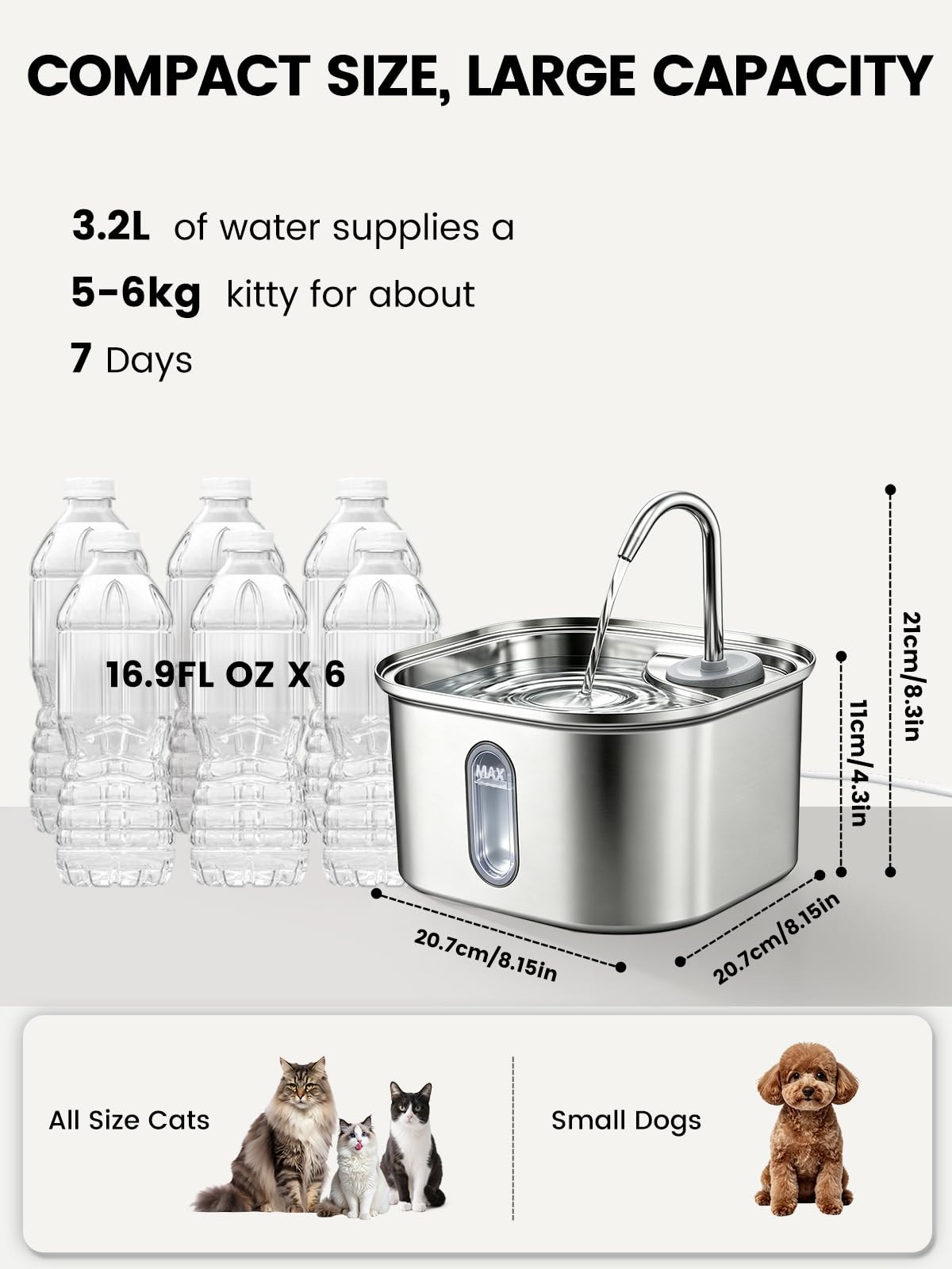 Petlipo fontaine à côté d'un objet pour échelle, montre la capacité de 3,2 L