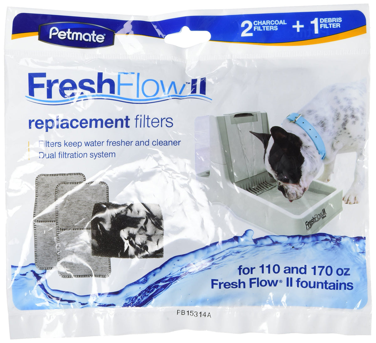 Petmate emballage avant montrant le pack de trois cartouches Fresh Flow et filtre à débris bénéfice fraîcheur
