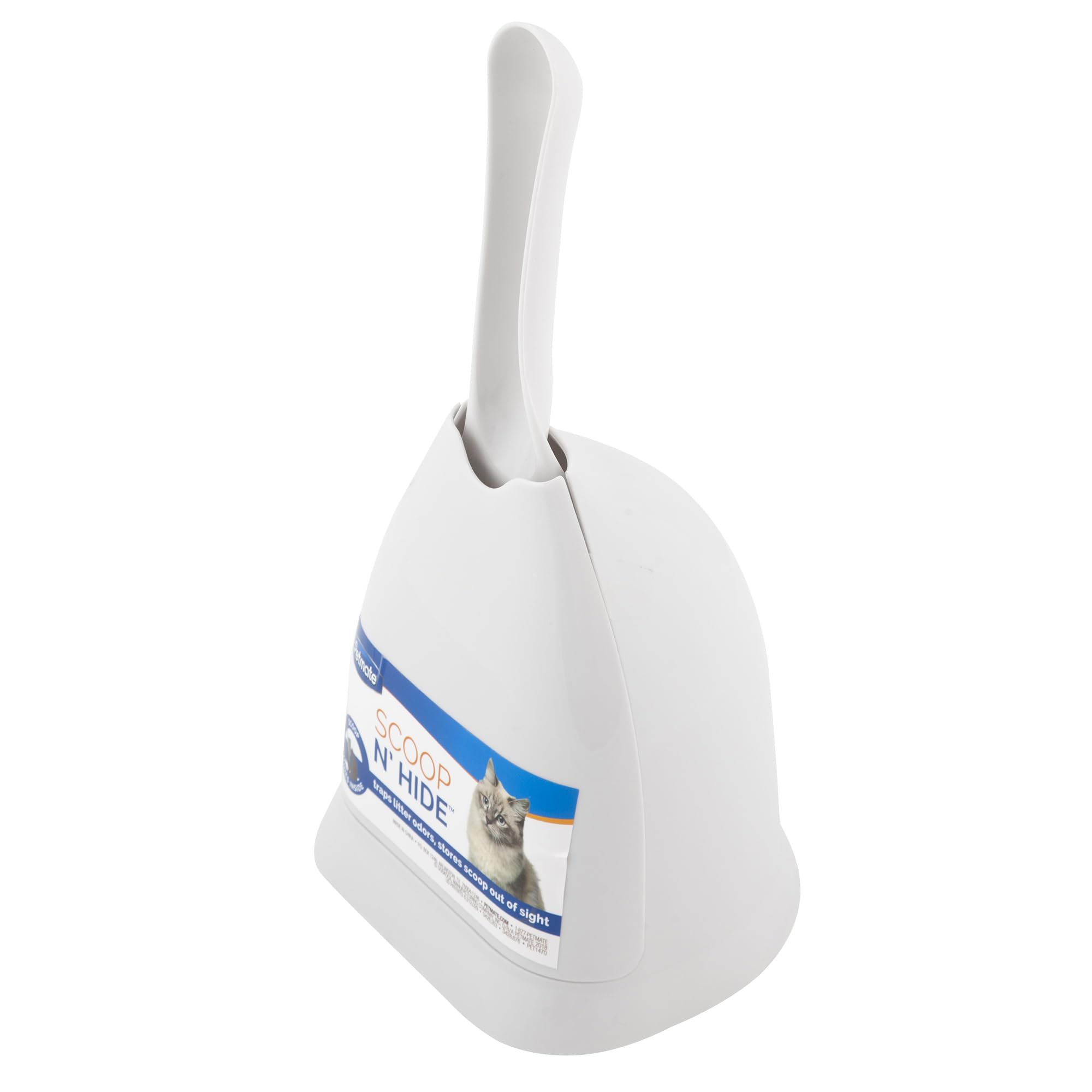 Petmate Scoop N' Hide face avant en blanc montrant design compact et rangement